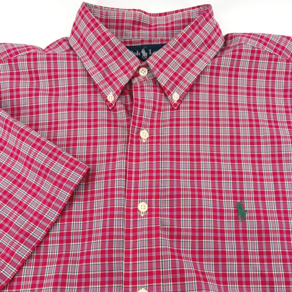 Polo Ralph Lauren Mens L Red Plaid Short Sleeve Button Down Cotton Shirt Pony